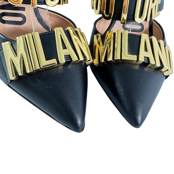 $890 MOSCHINO Milano Black Leather Logo Letter Strappy Sandals Italy 36 - 6US - Picture 5 of 12